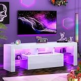 HOUAGI LED TV Stand for Televisions up to 55 Inchs,Modern Entertainment Center with Storage Drawer and Glass Shelf, TV Console Table for Living Room,Bedroom,White