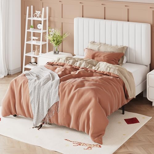 Image of Allewie Twin Bed Frame, Velvet Upholstered Platform Bed with Adjustable Vertical Channel Tufted Headboard, Mattress Foundation with Strong Wooden Slats, Box Spring Optional, Easy Assembly, Off-White