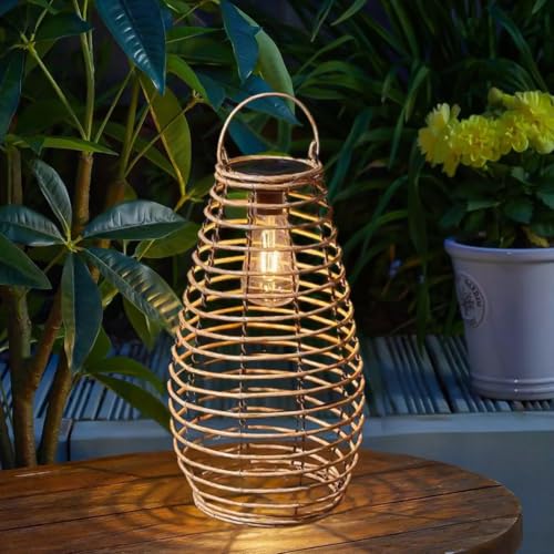 Garden Mile Large Solar LED Lantern Lighting for Garden Hanging Rattan Effect Outdoor Light Solar Powered Lighting 38cm Garden Table Light Warm White Lighting