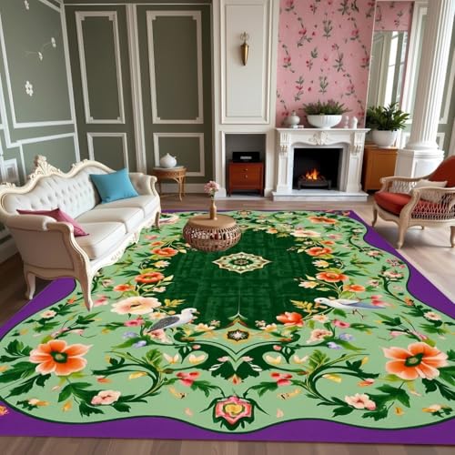 Emerald Green Purple Botanical Floral Vintage Print Pattern Medallion Carpet