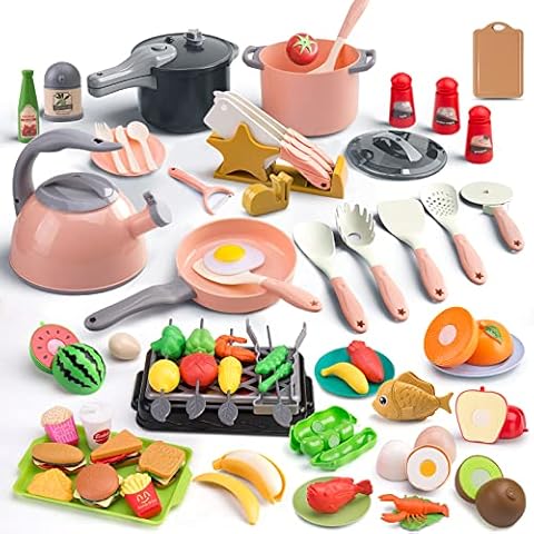 Zero Zoo 105Pcs Kids Kitchen Toy Accessories, Toddler Pretend BBQ Camping Cooking Playset, Play Pots, Pans, Utensils Cookware Toys, Play Food Set, Vegetables, Learning Gift for Girls Boys Cover