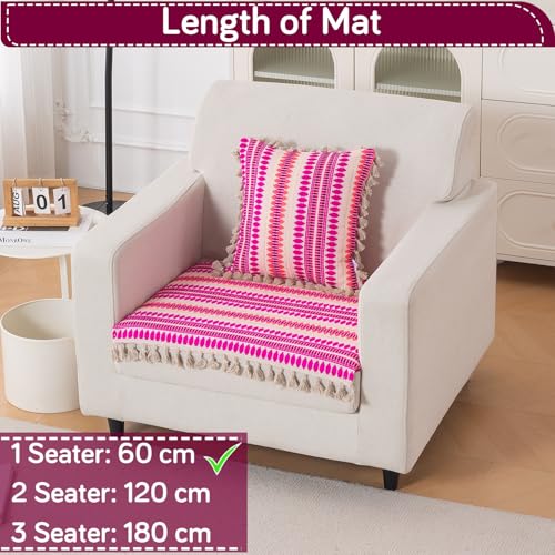 Image of HOKIPO 'Artisan Boho Series' Sofa Cover Mat with Tassel | 450 GSM Cotton Acrylic Jacquard for 1 Seater Sofa, Fuchsia Pink (IN-901-A5*S)