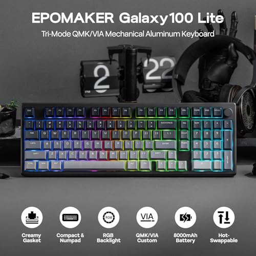 Image of EPOMAKER Galaxy100 Lite QMK /VIA Gaming Keyboard with 8000mAh Battery and Numpad, 1800 Aluminum Mechanical Keyboard, USB-C /BT /2.4Ghz, Hot-Swap, Creamy Sound (Black, Marble White Switch)
