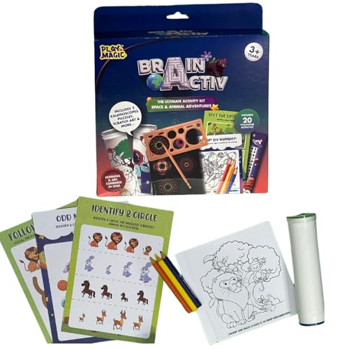Image of PlayMagic BrainActiv Kaleidoscope Making DIY Kit for Kids 3+|Magical Pattern Creation Kit|2 Kaleidoscopes, Scratch Sheets, 8 Activity Sheets|Educational Birthday Gift for Kids-Space & Animal Adventure