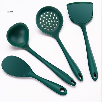 TASKHOUSE 4Pcs Set-Silicone Cooking Utensils-Spoon Spatula Set-Non Stick Hangable Baking Accessories-Easy Clean Cooking Tools Skimmer Turner Rice Spoon Ladle-Kitchen Cookware (Green)