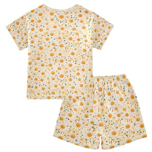 ALAZA Summer Daisy Flower Yellow Pajamas Set Short Sleeve Cotton Sleepwear Summer Pjs 2 Piece 5-14Y2