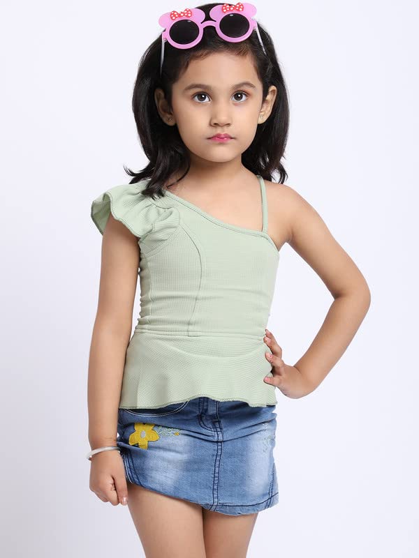 Image of ELEVANTO Crop top for Kids|One Side Off Shoulder Half Sleeve Crop top for Girls Crop top|Short Sleeve Summer Crop top for Girls-E19