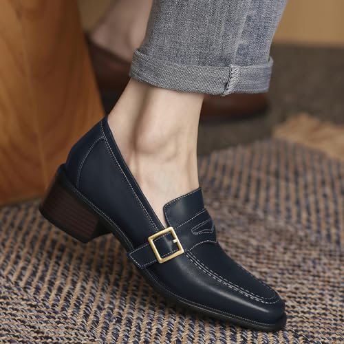 Image of MOOMMO Women Blue Chunky Heel Penny Loafers Square Toe Buckle Slip On 2 inch Stacked Block Heel Dress Loafers Oxfords Office Ladies Comfy Classic Loafer Pumps Matte Navy Size 8.5 M US