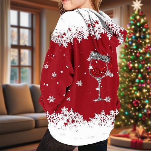 Christmas Hoodies for Teen Girls Trendy Long Sleeve Funny Wine Glass Graphic T-shirts Cute Holiday Hooded Sweatshirts 6