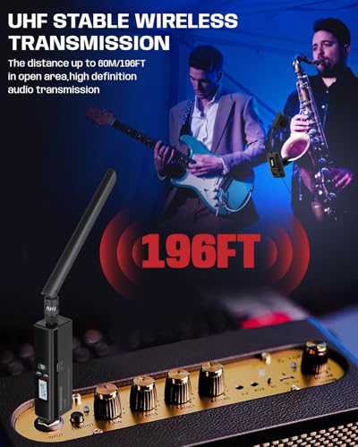 Image of Saxophone Microphone, UHF Rechargeable Wireless Instruments Microphone System with Transmitter and Receiver 196ft Range, Clip on Condenser Mic for Trumpet, Trombone, Saxofon, Most Brass Instruments