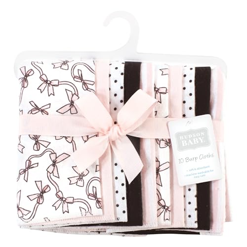 Image of Hudson Baby Unisex Baby Cotton Poly Flannel Burp Cloths, Pink Bows 10 Pack, One Size