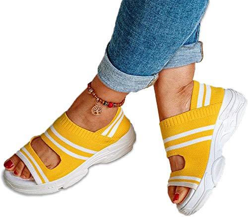 Lässige gewebte Wedge Comfy Open Toe Sandalen - Damen Plateau & Wedge Sandalen Stoff Mesh Stöckelsandalen Summer Ladies Beach Walking Sandalen,Gelb,43 Cover