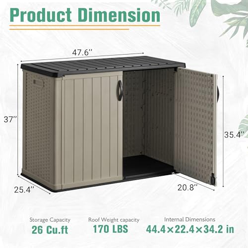 Image of Greesum Outdoor Storage Cabinet 30 CuFt, Resin Large Storage Box Weather Resistance with Lockable Doors, Easy to Assemble, Horizontal Storage Shed for Garden, Patio, Backyard, Beige (Without Shelf)