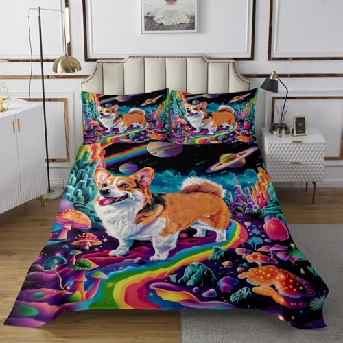 Manfei Corgi Dog Bedspread King,Outer Space Mushroom Cute Puppy Pet Animal Trippy Quilted Coverlet 3pcs for Adults Teens Room Decor,Rainbow Sky Starry Galaxy Planets Soft Breathable Bedding Quilt