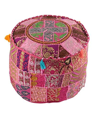 KLAVATE Ganesham Indian Hippie Vintage Cotton Floor Pillow & Cushion Patchwork Bean Bag Chair Cover Boho Bohemian Hand Embroidered Handmade Pouf Ottoman (Pink, 13 H X 18 Diam.(Inch))