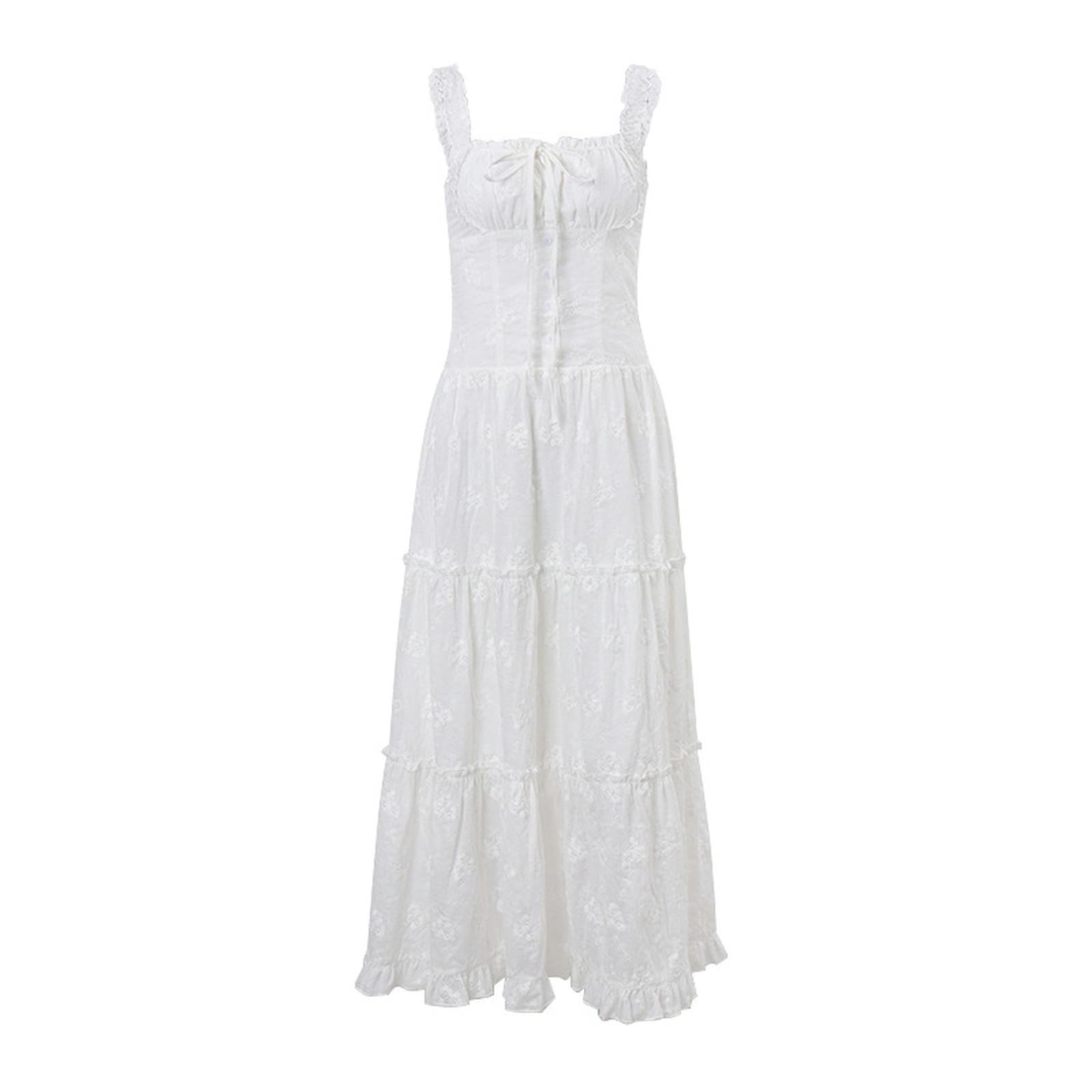 Abito Bianco Slim con Gonna Lunga Dolce Estiva da Donna con Ricamo in Vita - Bianco - M