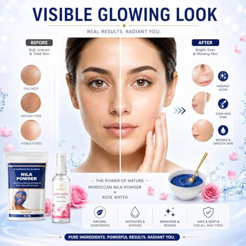Image of Moroccan Nila Powder Blue Face Mask with Rose Water - Traditional Moroccan Hammam Spa Treatment for Face & Body - Brightening & Soothing Skin Care Set - 50g + 100ml