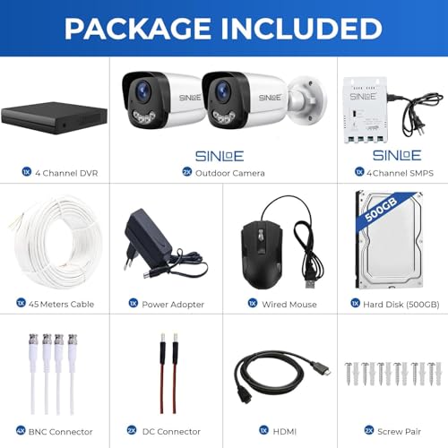 Image of SINLOE 4 Channel 1080P Full HD DVR 2MP Night Color Wired Outdoor 2 Pcs, 500GB Hard Disk Full Combo Set, Black & White