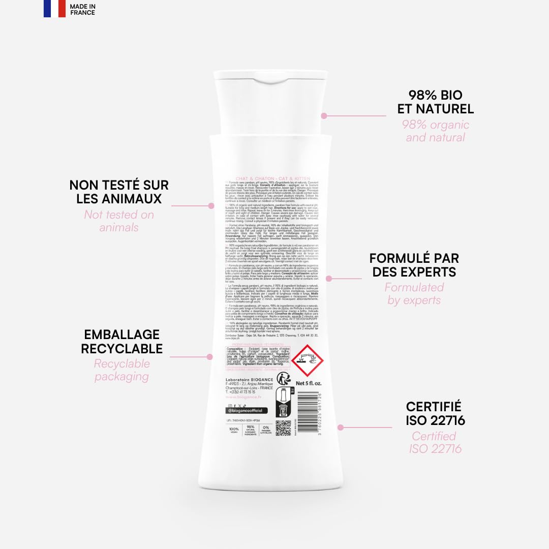 Biogance - Shampooing Poils Longs - Long Coat - 150 ML - Produit hygiène pour Chat - à Base d’Huile de jojoba, d’Evening Primrose, d’inuline