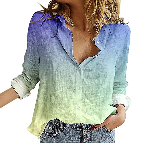 MRULIC Hemd Kariert Damen Frauen-beiläufige -Knopf-Langarm-Hemden Gradient...