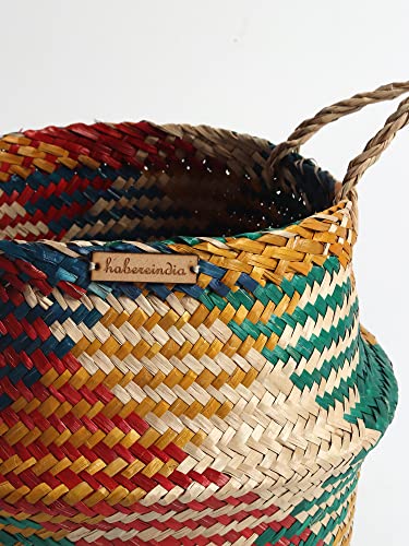 Image of Habere India-All The Cultures Fabricating India Wicker Basket For Plants | Seagrass Baskets Home Decor | Bamboo Storage Organiser | Bamboo Planter Baskets Cylindrical (S) - Multi (Dia 25 x H22 cm)