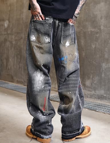 Men Graffiti Painted Baggy Ripped Denim Jeans2