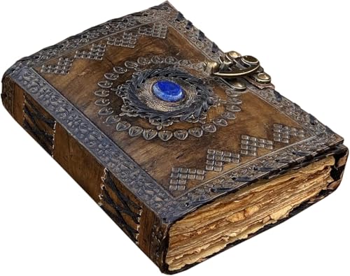 Diario de cuero vintage con piedra de bruja semipreciosa, diseño de triple luna, cierre de bloqueo, 200 hojas en blanco con borde de cubierta envejecida, libro de sombras, diario Grimorio, diario de