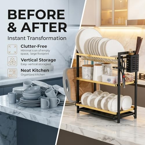 Image of COMFYHOME Dish Drying Rack, 3-Tier Wrought Iron Space-Saving Kitchen Dish Drainer with Drainboard & Utensil Holders, Rustproof Counter Organizer for Plates, Utensils, Bartan