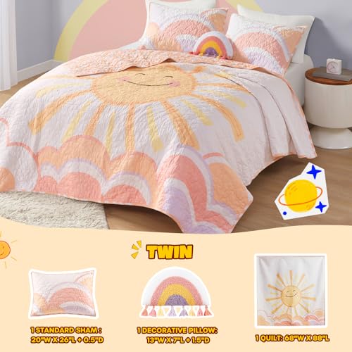 Intelligent Design Kids Twin Quilt Bedding Set, Cotton Coverlet Sun Girls Bedding Set Rainbow & Clouds Reversible Dawn Light & Breathable Sham Throw Pillow Twin Yellow/Coral 3 Piece