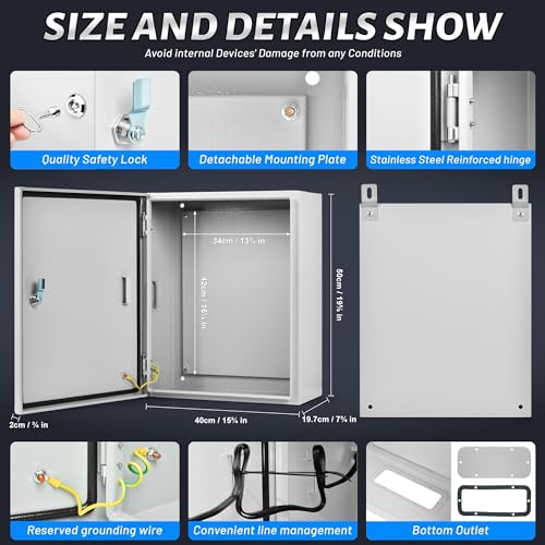 Steel Electrical Junction Box, 20 x 16 x 8 Waterproof & Dustproof Electrical Enclosure, Outdoor & Indoor Universal Project Box with Lock & Mounting Plate