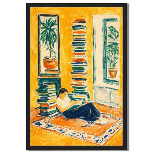 Colorful Reading Corner Canvas Wall Art, Cozy Book Lover Painting