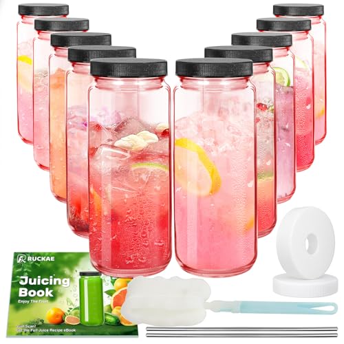 Image of Ruckae Pink 16oz 10 Pack Juice Bottles, Glass Bottles Juicing with Lids, Smoothie Cup Lids and Straws, Water Bottle Mason Jar Drinking Glasses for Juicing, Smoothies, Kombucha