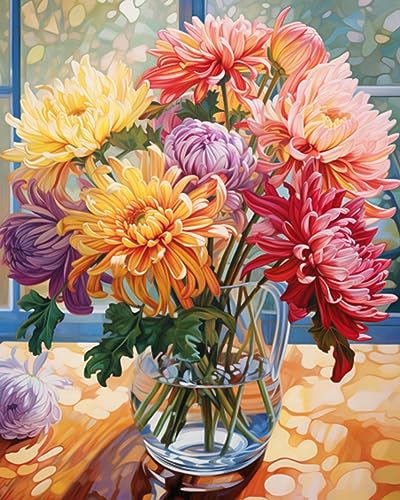 Tucocoo Persian Chrysanthemum in Vase DIY Paint by Numbers for Adults Flowers in Vase DIY Oil Painting Painting Kits Canvas with Acrylic Paints Flowers Floral Art 16x20 Inch （Without Frame ）