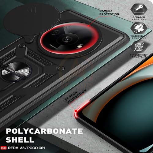 Image of Armor Bumper Back Cover Case for Redmi A3 / Poco C61 Rotating Camera Cover, Ring Holder & Kickstand | Heavy Duty & 360 Degree Protection Redmi A3 / Poco C61 Back Cover (Black)