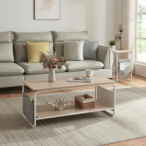 Table basse style intemporel blanc et chêne gris avec étagère en acier - 2