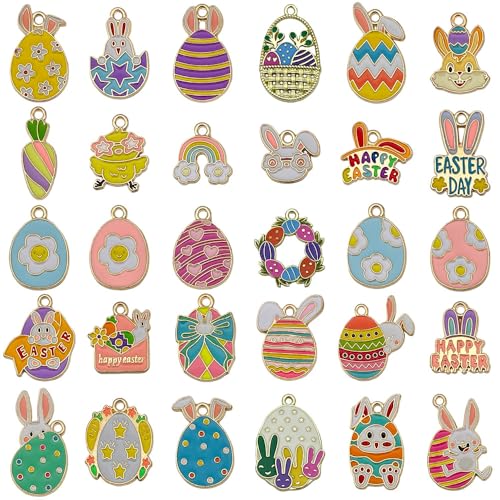 Youdiyla Easter Charms for Jewelry Making 30 Pieces Assorted Golden Enamel Bunny Egg Rabbit Pendants Spring Theme DIY Bracelet Necklace Earrings Craft Supplies SN1605