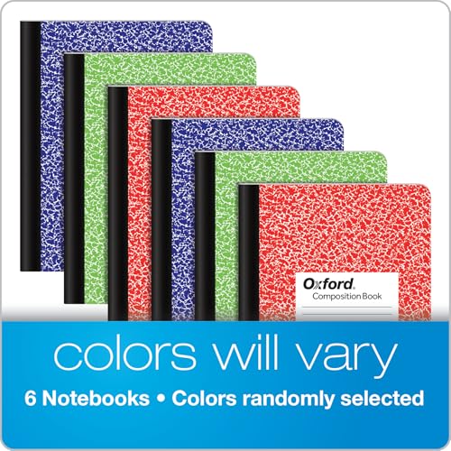 Oxford Composition Notebooks, 6 Pack, Cover Colors Vary, Wide Ruled Paper, 9-3/4 x 7-1/2 Inch School Journals, Assorted Marble Covers, 100 Sheets, per Book (63762)
