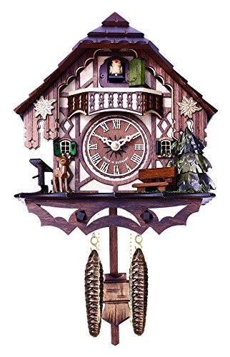 River City Clocks 10 Quartz 12 Melody Cuckoo Cottage with Deer, Water Pump, and Tree Wall Clock, Brown
