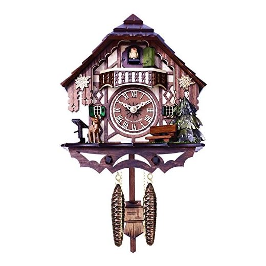 River City Clocks 10" Quartz 12 Melody Cuckoo Cottage with Deer, Water Pump, and Tree Wall Clock, Brown