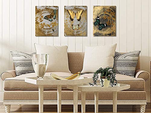 Arjun Abstract Gold Butterfly Paintings Mimimalist Canvas Wall Art Flower Pattern Pictures Artwork Framed For Bathroom Living Room Bedroom Dining Room Kitchen Home Office Wall Decor, 12"X16"X3 Panels #TOP1