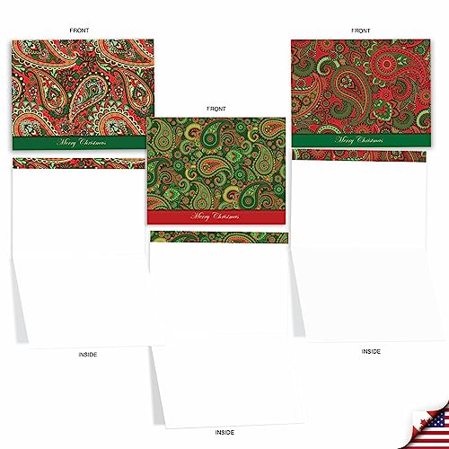 Image of The Best Card Company - 10 Blank Christmas Note Cards with Envelopes (4 x 5.12 Inch) - Fun Assorted Holiday Notecard Set - Christmas Paisley M2943XSB