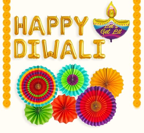 Image of AMFIN (Pack of 8) Happy Diwali Diya Shape Foil Balloon with Paper Fan - Multi