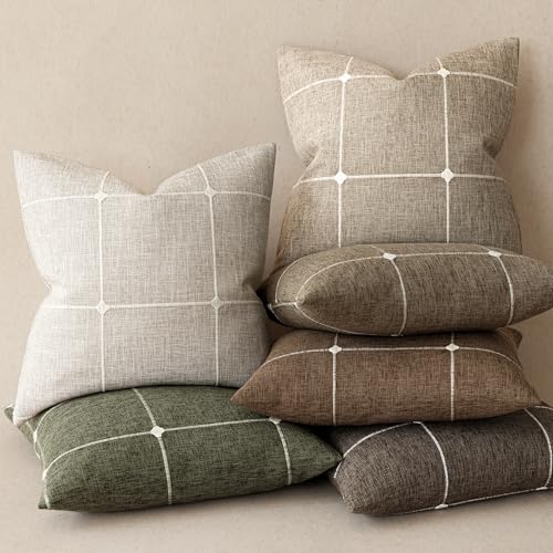 Image of Foindtower Pack of 2 Decorative Faux Linen Jacquard Check Throw Pillow Covers Farmhouse Cushion Cover with Grid Textured Accent Pillowcase for Couch Sofa Living Room Home Decor,20x20 Inch,Beige