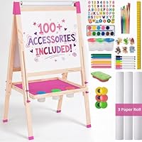 Blue Squid Art Easel for Kids with Paper Roll x 3, Includes 100+ Accessories, Double Sided Adjustable Wooden Painting Easel with Magnetic Chalk Board, White Board for Toddlers Ages 3,4,5,6,7,8,9,10,12