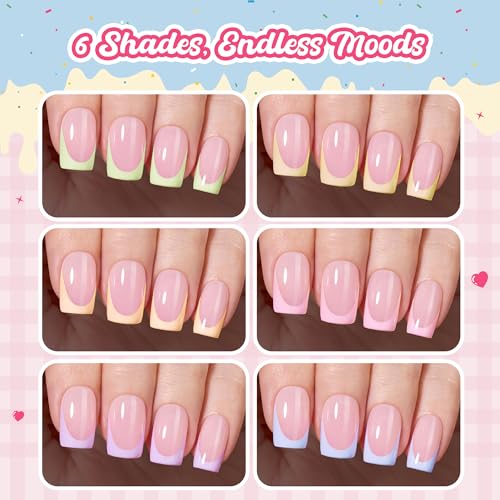Image of Beetles French Tips Press On Nails Short Square Pastel 6 Colors 192Pcs | Short square Colored French tip fake nails in 6 colors with 192 pcs and 16 sizes for easy DIY manicures.