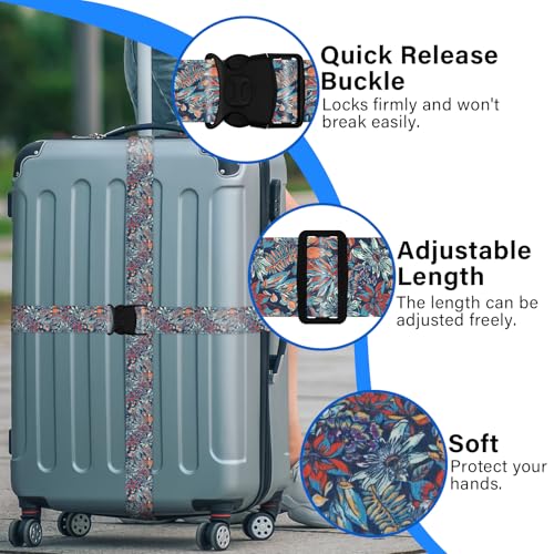 Image of Luggage Straps for Suitcases, Travel Adjustable Belt with Quick Release Buckle, Heavy Duty Nylon Bag Packing Strap, Unique Bright Identifiers Business Travel Accessories (2 Pack) - Blue Flowers