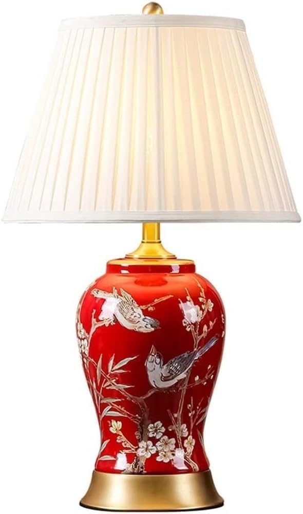 SANBDDLYY Handmade Chinese Red Bird Ceramic Table Lamp - Elegant Bedside for Bedroom, Office, and Den
