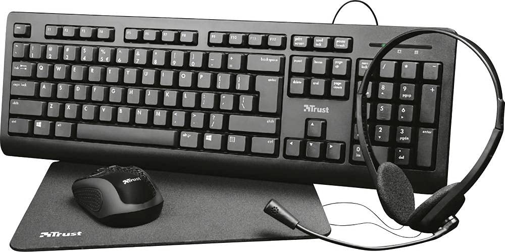 Set Ufficio Trust Primo: Tastiera QWERTZ, Mouse, Tappetino E Cuffie, Ricondizionato
