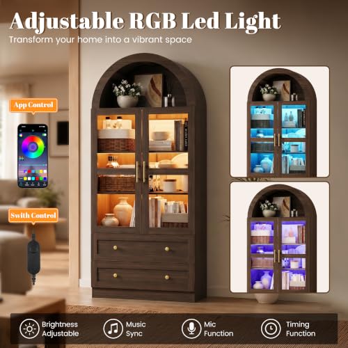 Image of Pamapic Arched Kitchen Pantry Cabinet, 71 inch Tall Arched Cabinet with LED Light & Glass Doors, Farmhouse Kitchen Storage Cabinet with 2 Large Drawers, Wooden Pantry for Dining Room, Living Room (Brown)
