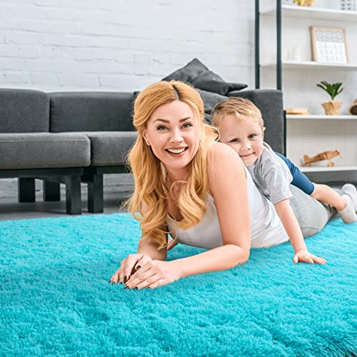 Merelax Soft Modern Indoor Large Shaggy Rug For Bedroom Livingroom Dorm Kids Room Home Decorative, Non-Slip Plush Fluffy Furry Fur Area Rugs Comfy Nursery Accent Floor Carpet 5X8 Feet, Teal Blue #TOP3